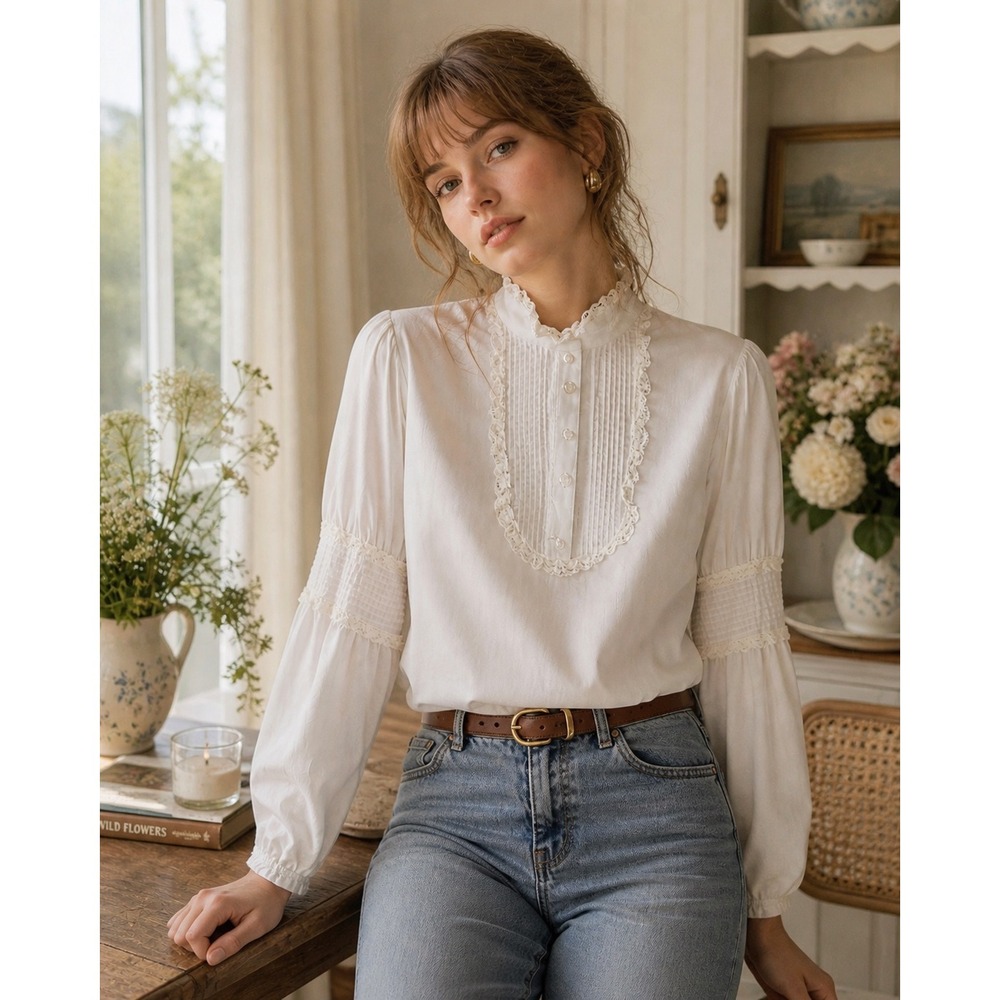 Vintage Romantic Cottagecore Lace Prairie Blouse 70s Victorian High Neck Top S